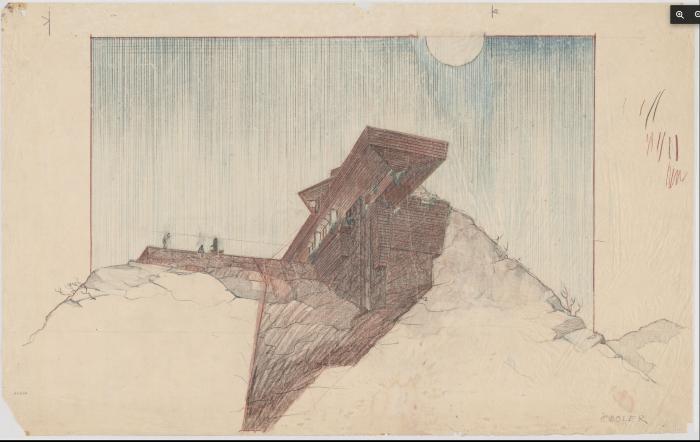 Rendering, perspective view, House for Arch and Eleanor Oboler ("Eaglefeather")  [FLLW 4018.004]