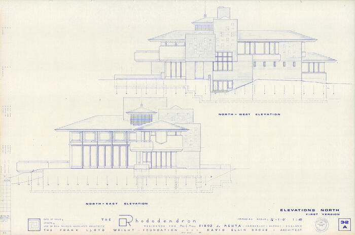 Northwest and Northeast Elevations: House for Firoz J. Mehta ("Rhododendron") [Camberley, England] (1980)
