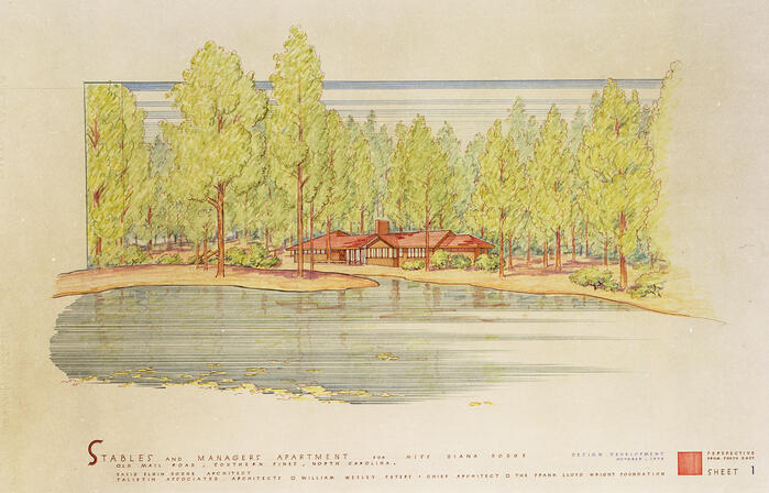 Presentation Drawing: Perspective View of Southeast Side of Stables and Manager's Apartment, House and Estate Buildings for Diana Dodge ("Ponds and Pines")