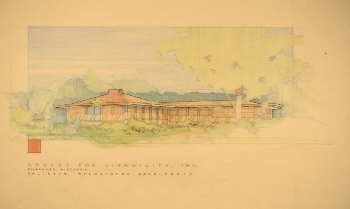 Presentation Drawing: Perspective View, Three Houses for James Jeffords